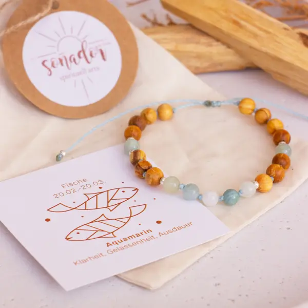 Palo Santo Sternzeichen Armband - Fische | Aquamarin