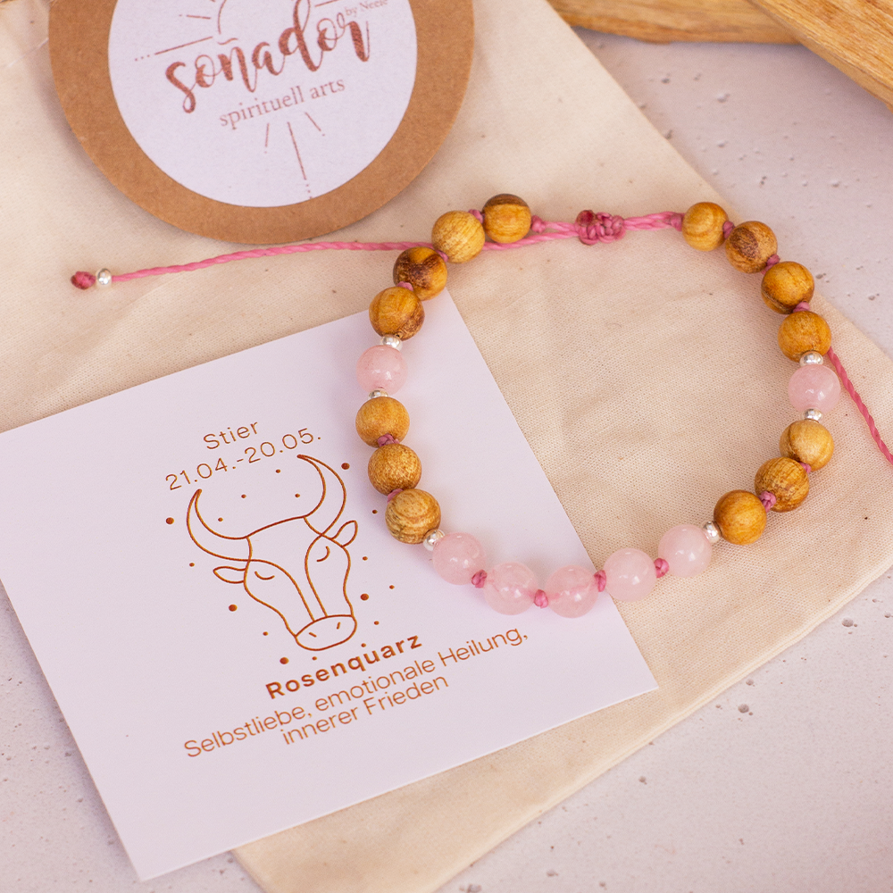 Palo Santo Sternzeichen Armband - Stier | Rosenquarz