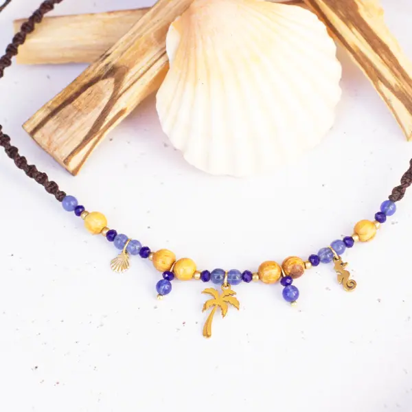 Palo Santo Kette - Sea Soul Kollektion Chalcedon | Palme & Muschel & Seepferdchen